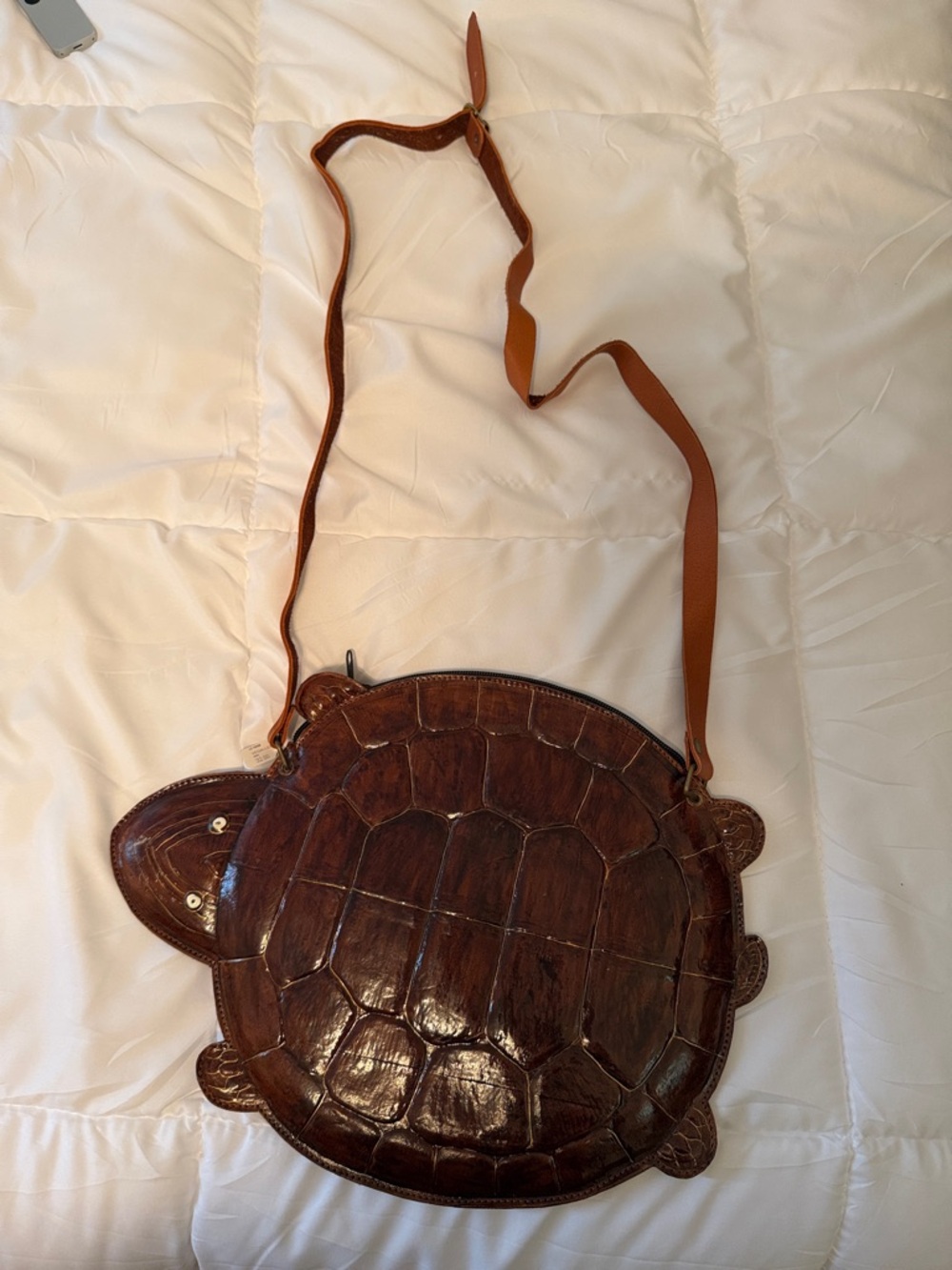 Turtle-Shaped Brown Leather Crossbody Bag